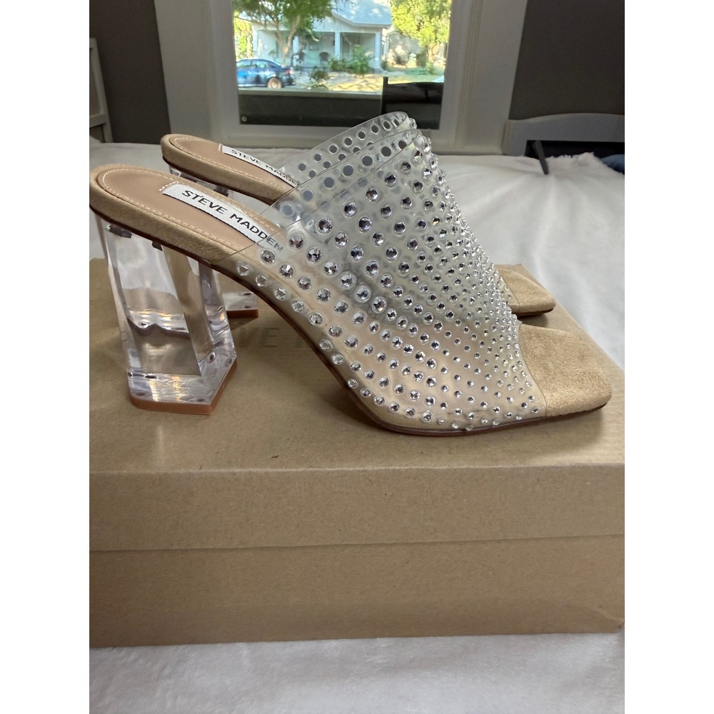 Steve Madden Nicely Rhinestone Clear Block Heel Mules Square Toe Sandals 6.5M